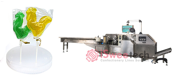 Flat lollipop twist wrapping machine with a gold tie